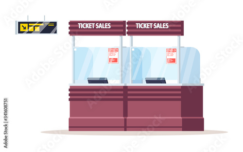 Ticket sales counter semi flat RGB color vector illustration. Covid warning. Table to purchase boarding passes. Airline services. Airport terminal desk isolated cartoon object on white background