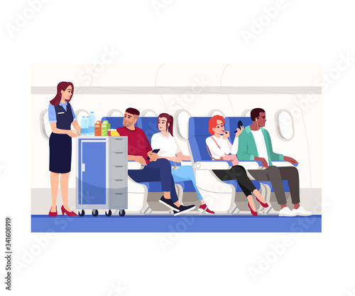 Inside aeroplane semi flat vector illustration. Stewardes offer drinks. Econom class for travelers. Passengers onboard of airplane. Airline services 2D cartoon characters for commercial use