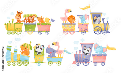 Funny Animals Riding Locomotive and Waving Paws Vector Set