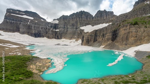 Grinnell Glacier, Montana USA. Timelapse of Clouds Over Ice and Aqua Blue Glacial Lake photo