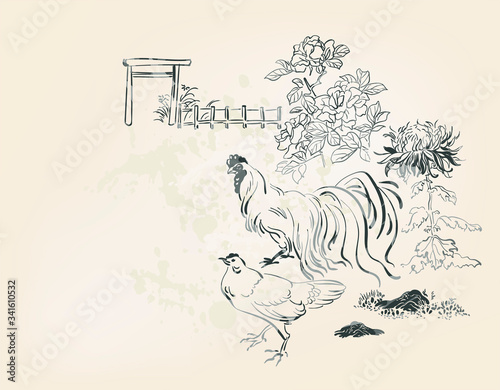 chicken cock hen vector card japanese chinese nature ink illustration engraved sketch traditional textured