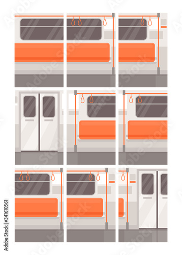 Metro train empty interior parts semi flat vector illustration set