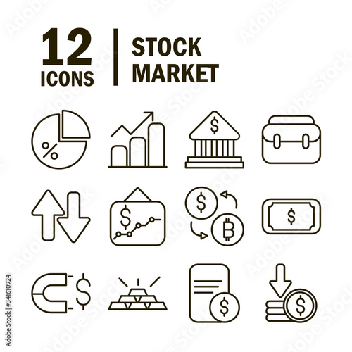 stock market financial business economy money icons set line style icon