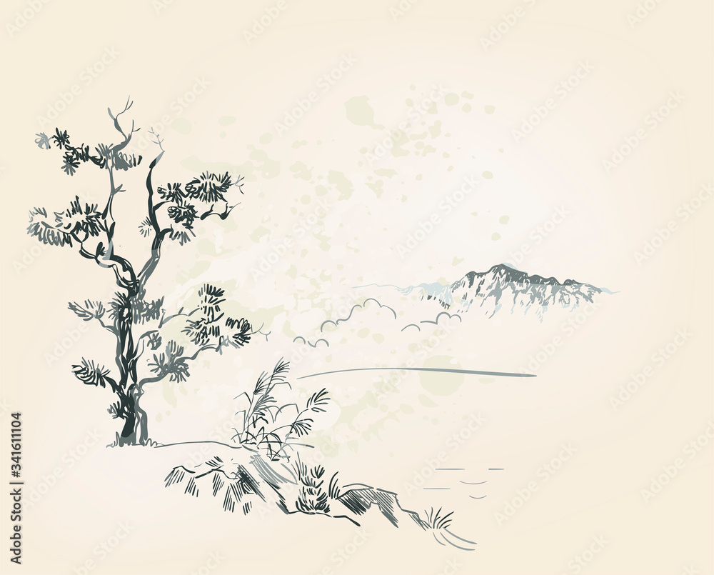 pine vector card japanese chinese nature ink illustration engraved sketch traditional textured
