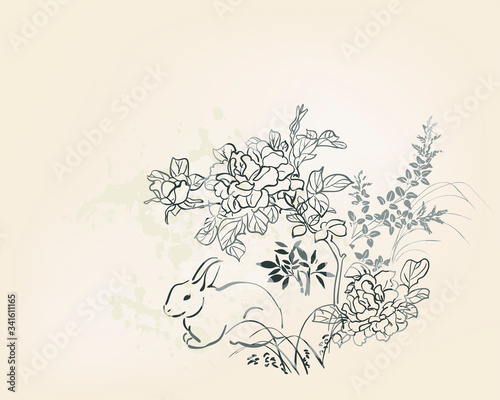 rabbit cute vector card japanese chinese nature ink illustration engraved sketch traditional textured