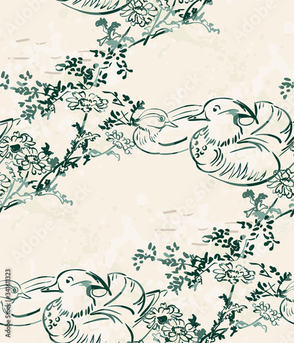 mandarin duck vector japanese chinese nature ink illustration engraved sketch traditional textured seamless pattern