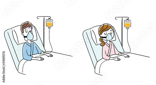 Stock illustration: men and women hospitalized with oxygen masks