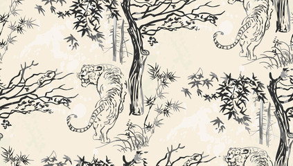 Papier peint photo Paysage patrons Tigre japonais encre gravure traditionnelle  © CharlieNati