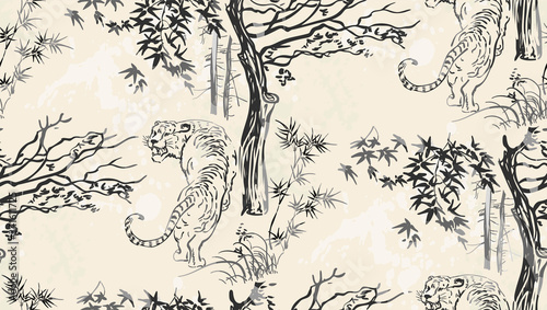 tiger vector japanese chinese nature ink illustration engraved sketch traditional textured seamless pattern