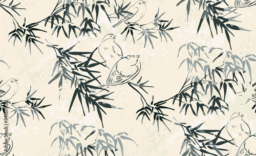 tiny birds vector japanese chinese nature ink illustration engraved sketch traditional textured seamless pattern