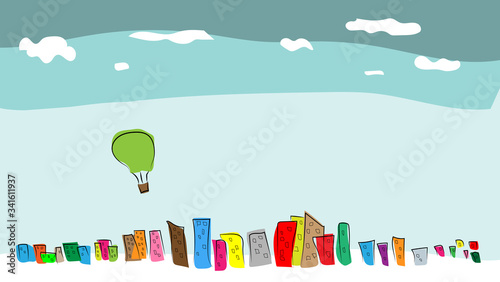 Imitation of a coloring picture with watercolor paints. Colorful city. Balloon flies over the city. Children's drawing.