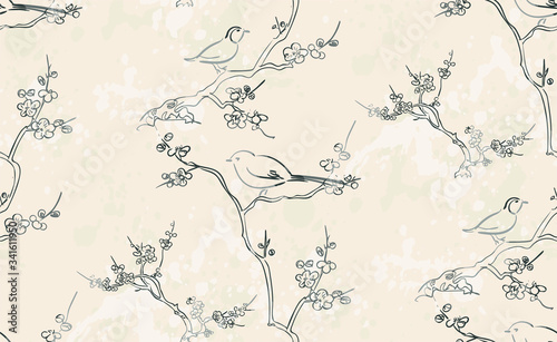 tiny birds vector japanese chinese nature ink illustration engraved sketch traditional textured seamless pattern