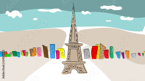 The colorful city of Paris. Hand-drawn. Imitation of a coloring picture with watercolor paints. Children's drawing.