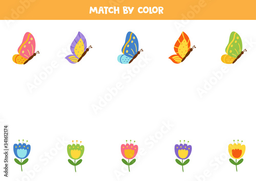 Color matching game for kids. Match butterflies and bluebells by colors.