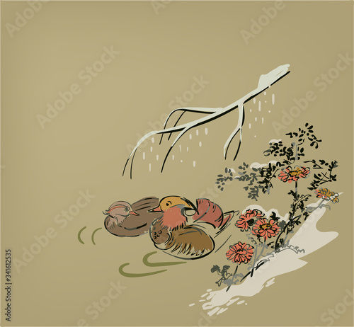 mandarin duck vector card japanese chinese nature ink illustration engraved sketch traditional textured colorful watercolor