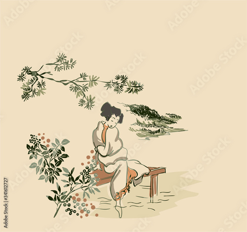 woman kimono walk vector card japanese chinese nature ink illustration engraved sketch traditional textured colorful watercolor