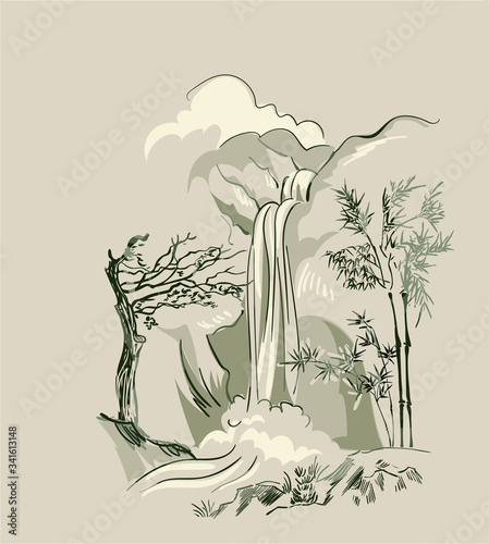 waterfall vector card japanese chinese nature ink illustration engraved sketch traditional textured colorful watercolor