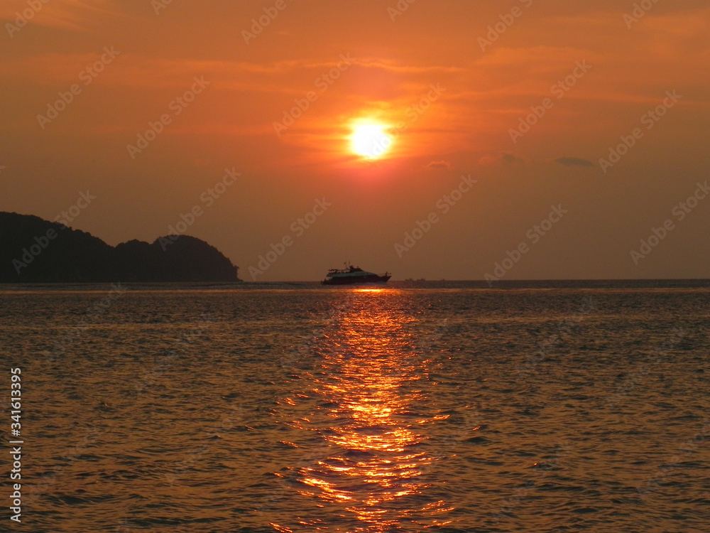 Sunset river boat silhouette view. River boat sunset landscape