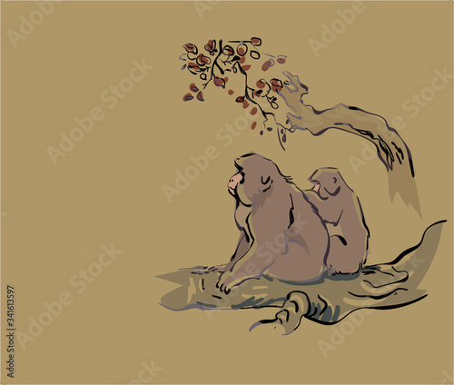 monkey sit vector card japanese chinese nature ink illustration engraved sketch traditional textured colorful watercolor