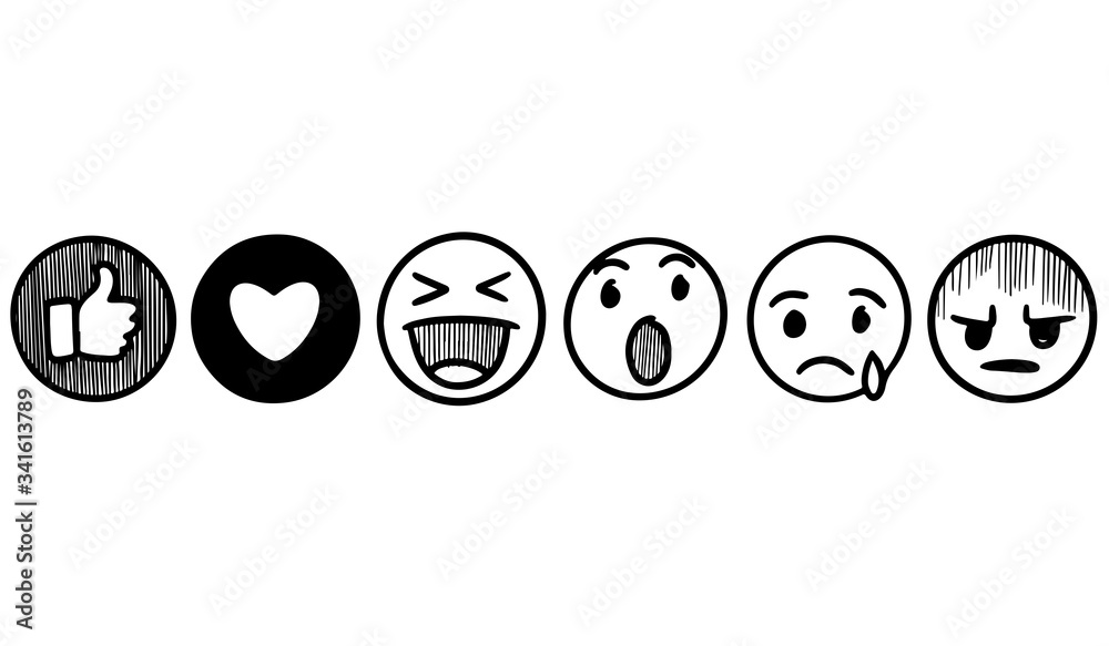 hand drawn of emoticons comment social media chat comment reactions, icon template face tear, smile, sad, love, like, Lol, laughter emoji character message, vector illustration. hand drawn of emoticons comment social media chat comment reactions, icon template face tear, smile, sad, love, like, Lol, laughter emoji character message, vector illustration.