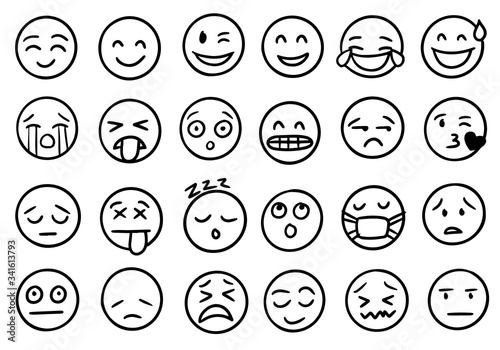 hand drawn of outline style emoji icons collection isolated on white background, vector illustration.