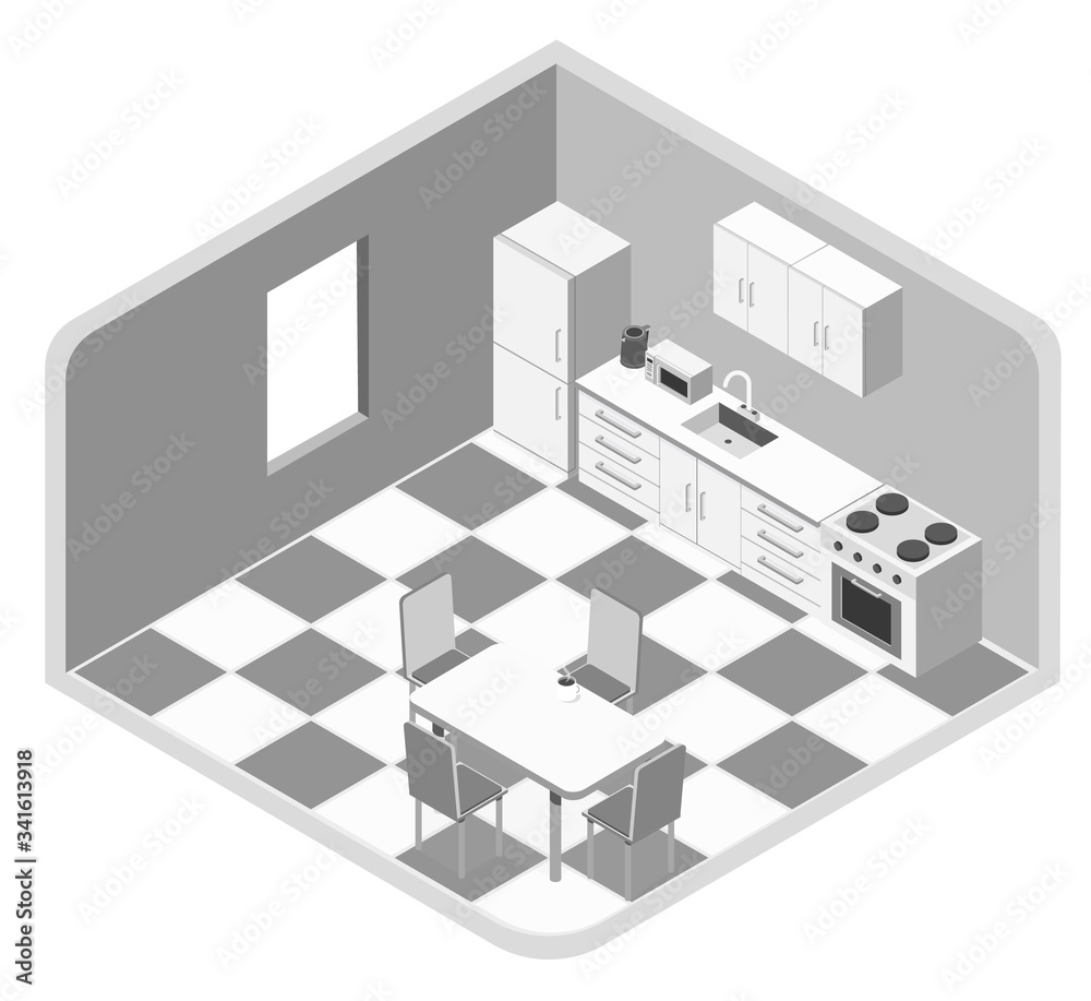 White kitchen room as an element for a common kitchen set on a white background isometric illustration vector