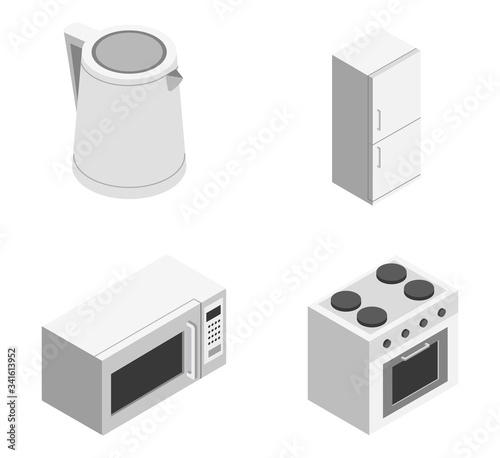 White kitchen kettle, fridge, stove, microwave as an element for a common kitchen set on a white background isometric illustration vector