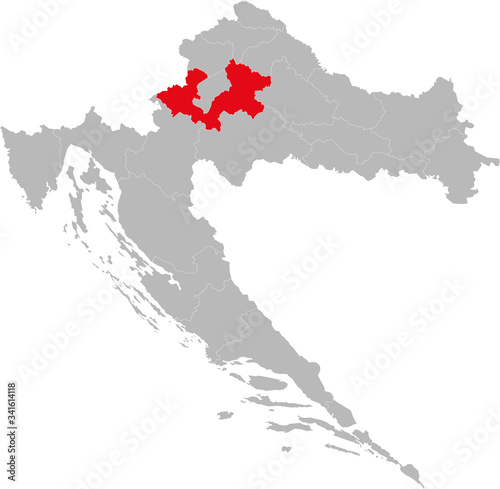 Zagreb county highlighted on Croatia map. Light gray background. Perfect for Business concepts  backgrounds  backdrop  sticker  chart  presentation and wallpaper.