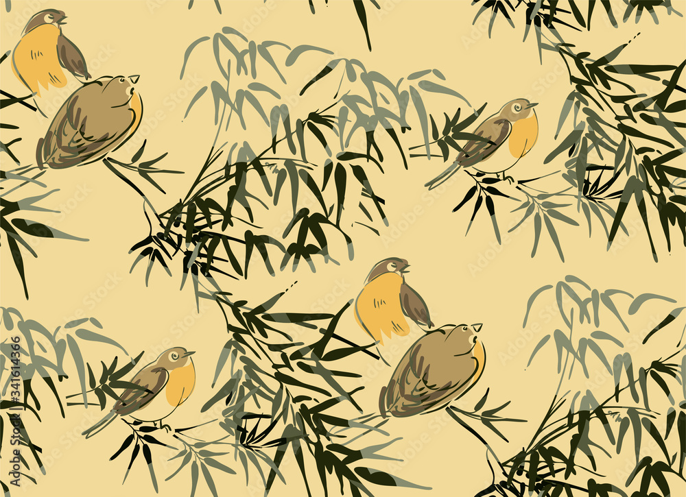 tiny birds vector japanese chinese nature ink illustration engraved sketch traditional textured seamless pattern colorful watercolor