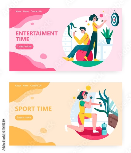 Man and woman play darts game. Girl exersice at home. Stay at home in corona virus quarantine time concept illustration. Vector web site design template. Landing page website illustration.