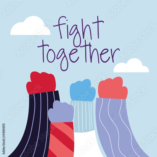 fists of the hands up in fight sign, fighting coronavirus