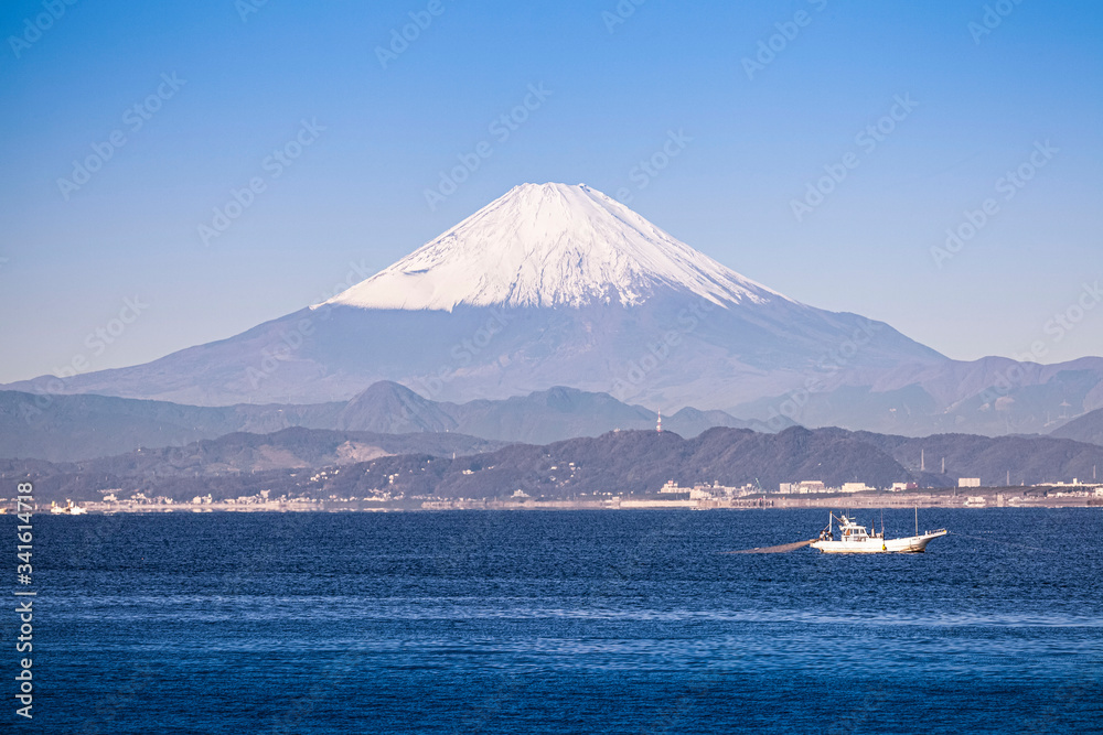 View of Mt. Fuji and sea in Winter season seen from Enoshima Island , Kanagawa prefecture Japan View of Mt. Fuji and sea in Winter season seen from Enoshima Island , Kanagawa prefecture Japan