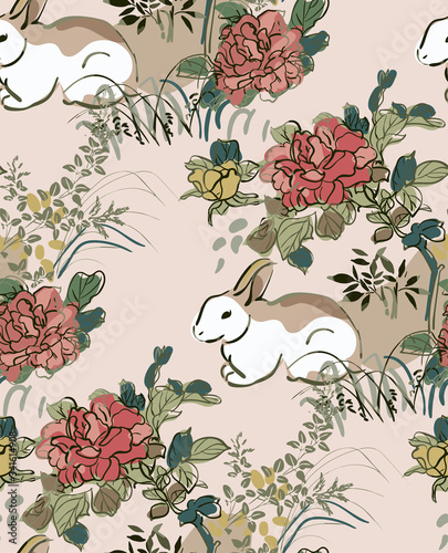 rabbit cute flower vector japanese chinese nature ink illustration engraved sketch traditional textured seamless pattern colorful watercolor