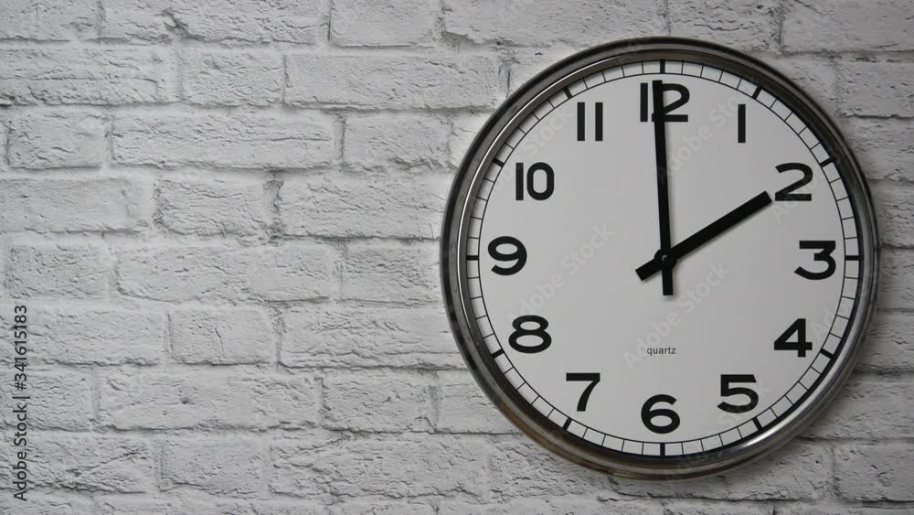 custom made wallpaper toronto digitalThe Time On The Clock Two. Clock With The Black Arrows With The Arabic Numerals On An White Brick Wall Background On The Right Side.