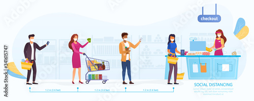 Social distancing during the Covid-19 pandemic with a line of shoppers queuing to pay at the till maintaining the required 2 meter distance between them, vector illustration