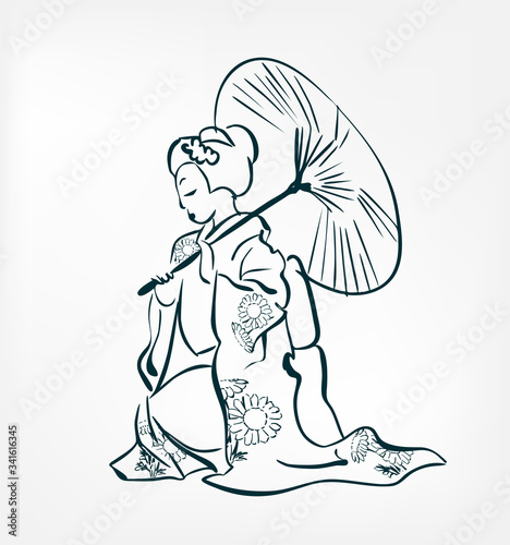 japanese girl traditional dress kimono sketch line vector illustration