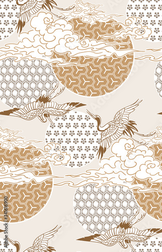crane birds sky cloud japanese chinese vector design pattern