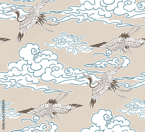 crane birds sky cloud japanese chinese vector design pattern