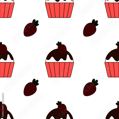 Seamless pattern with cute starberry cupcakes in cartoon style. photo