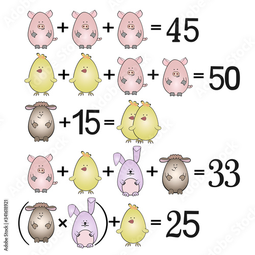 Studying mathematics, additional tasks for schoolchildren. Math educational game for children. Subtraction worksheet for children, counting activity with cartoon characters.