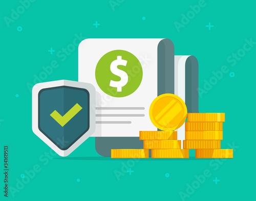 Financial guarantees money insurance protection or cash investment secure safety care warranty vector flat cartoon, currency wealth risk shield or deposit banking coverage trust savings concept icon