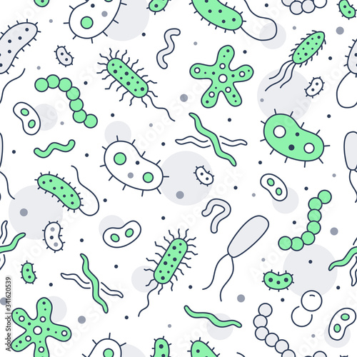 Bacteria, virus, microbe colored seamless pattern. Vector background included line icons as microorganism, germ, mold, cell, probiotic outline pictogram for microbiology infographic