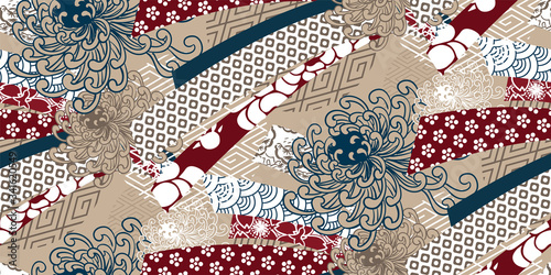 chrysanthemum traditional geometric kimono seamless pattern vector sketch illustration line art japanese chinese oriental design