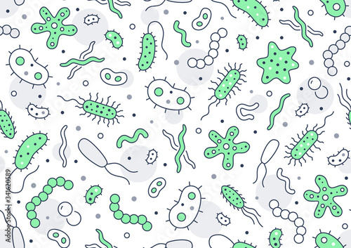 Bacteria, virus, microbe colored seamless pattern. Vector background included line icons as microorganism, germ, mold, cell, probiotic outline pictogram for microbiology infographic