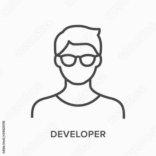 Developer line icon. Vector outline illustration of man in glasses. Hipster student pictorgam