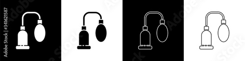 Set Penis pump icon isolated on black and white background. Penis enlarger. Sex toy for men. Vacuum pump with a blower to increase the penis.  Vector Illustration