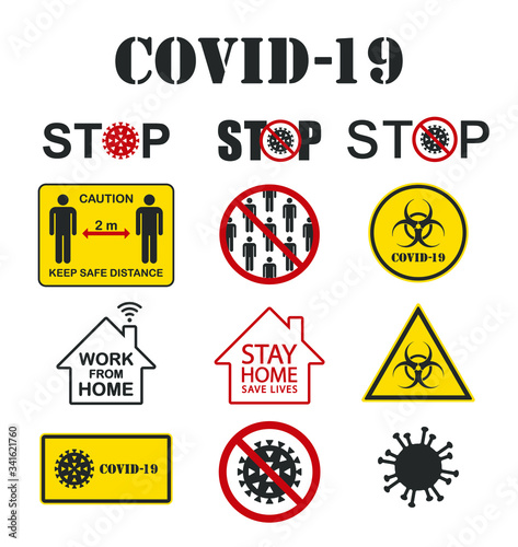 Coronavirus icon collection. Covid-19 sign set. Social distancing, Avoid crowd, Biohazard symbol and stop symbol. Sars pandemic info logo. Vector illustration image.
