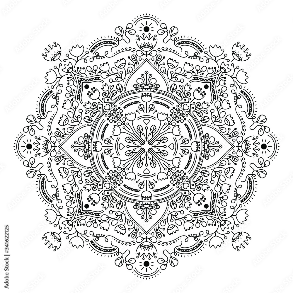 Abstract Mandala. Black and white pattern for adult coloring book. Decorative elements with stylized tulips. Oriental pattern, illustration.