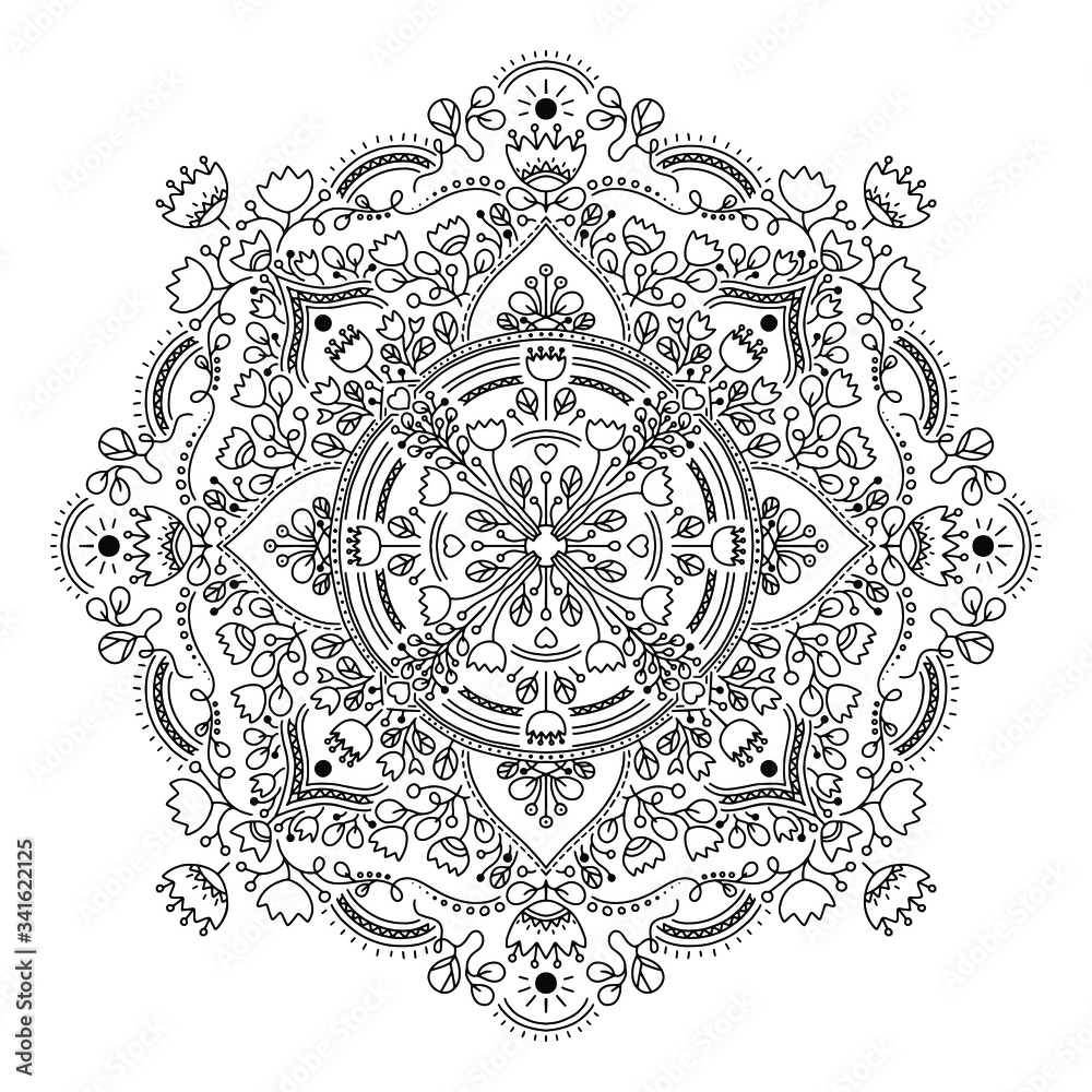 Abstract Mandala. Black and white pattern for adult coloring book. Decorative elements with stylized tulips. Oriental pattern, illustration. Abstract Mandala. Black and white pattern for adult coloring book. Decorative elements with stylized tulips. Oriental pattern, illustration.