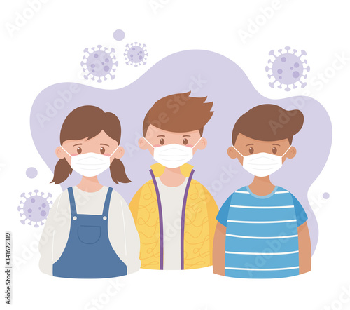 young boys and girl with protective mask medical, prevention coronavirus outbreak disease covid 19